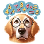 A golden retriever with glasses and numbers on his head, using math to solve complex problems.