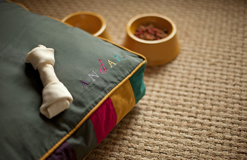 dog bed from Andaz San Diego - a Concept by Hyatt with white bone and treats in a gold dog bowl