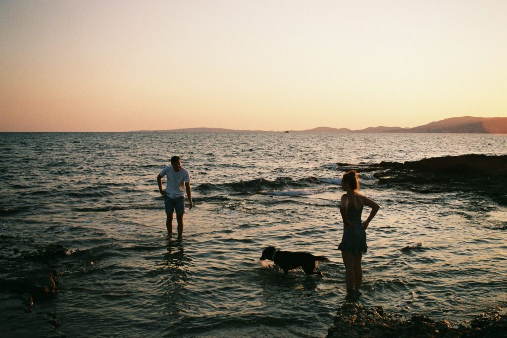 a man and woman with their dog dipping at dog friendly beach in Rhode Island during sunset