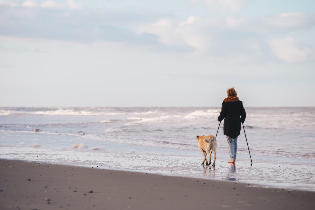 barefooted woman with walking stick holding the leash of her dog while they are walking at dog friendly beach in Rhode Island